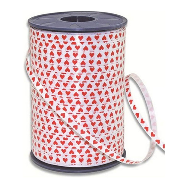Ribbon - White with Red Hearts - 5 mm x 500 m - Per roll
